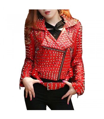 Women Red Jacket Full Heavy Metal Black Spiked Jacket Tonal Studded Punk Real Leather Jacket